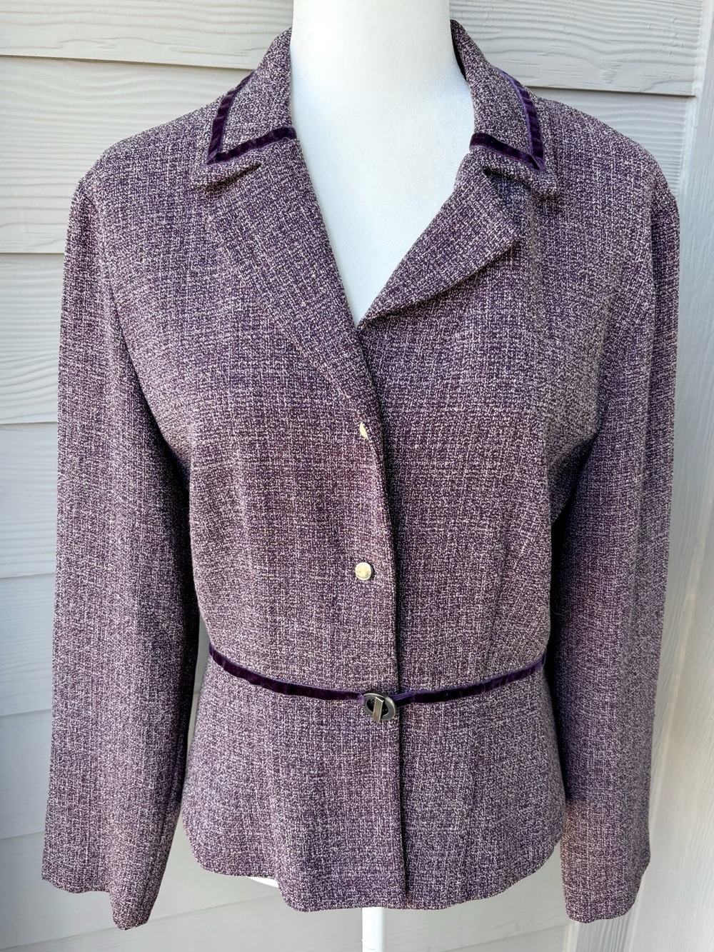 Vintage Dressbarn Purple Tweed Peplum Blazer Velvet Trim Size 12